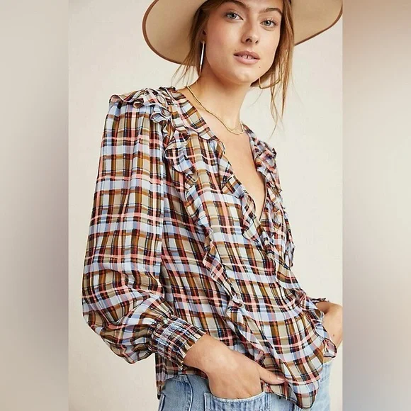 Anthropologie Maeve Laila Plaid Ruffle Wrap Blouse Boho Cottagecore Top Size 4 - Picture 3 of 11